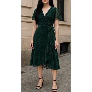 DKNY Burnout Velvet Flutter-Sleeve Midi Dress Size 12 Green NWT